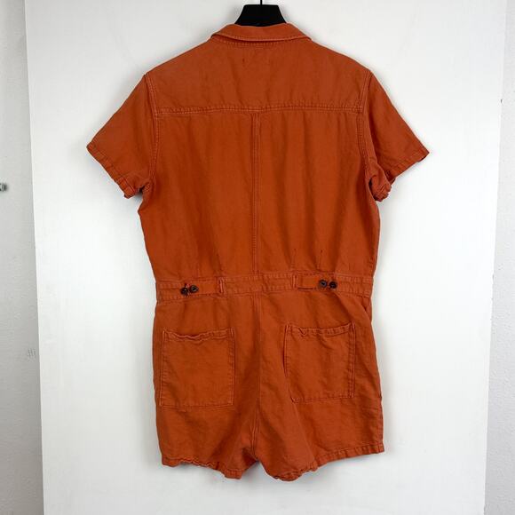 Outerknown S.E.A. Suit Shortall Romper $148 Orange Linen Cotton - L - Picture 6 of 10